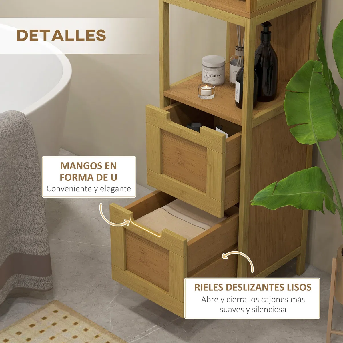 kleankin Armario de Baño Alto, Columna de Baño Estrecha con 3 Estantes y 2 Cajones de Bambú, Estilo Moderno, 30x30x144,3 cm, Natural