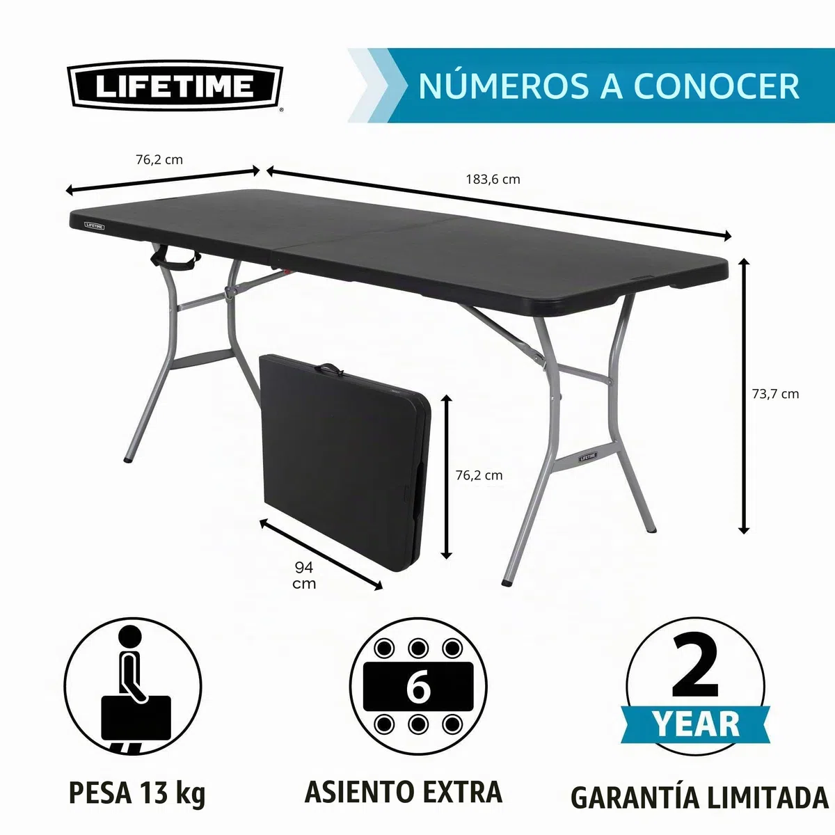 LIFETIME Mesa Rectangular Plegable 183x76x73 cm, Tablero de Polietileno HDPE Negro, Estructura de Acero, Bloqueo de Seguridad, Resistente a la Intemperie y Golpes, Uso Interior y Exterior (92126)