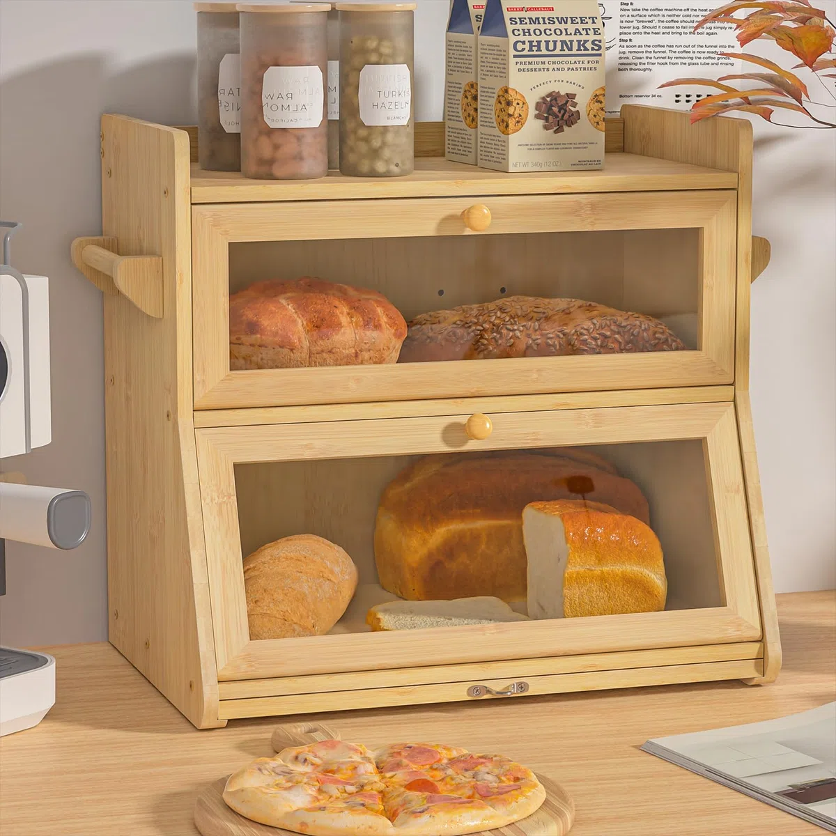 Panera de Bambú de 2 capas Con Tabla de Cortar y Caja de Almacenamiento, Visualizada para Pan Tostado, 40 x 28 x 38 cm, Bambú Natural