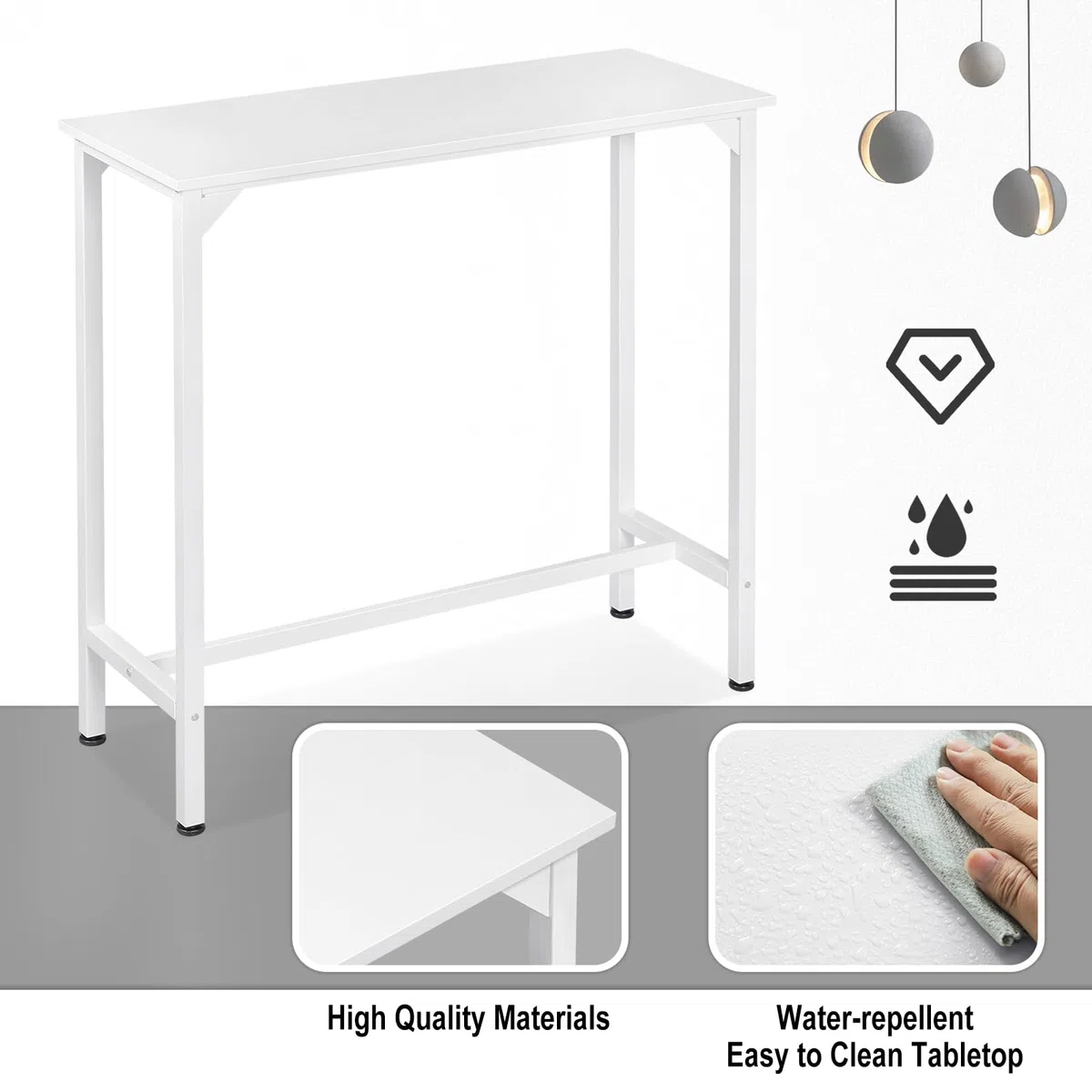 EUGAD Mesa Alta Cocina, Mesa de Bar Estrecha, para Isla de Cocina, Comedor, Barra Bar y Cafeteria, Marco Metalico, Encimera Madera, Pies Ajustable, Estilo Industrial, Blanco, 100x40x100 cm