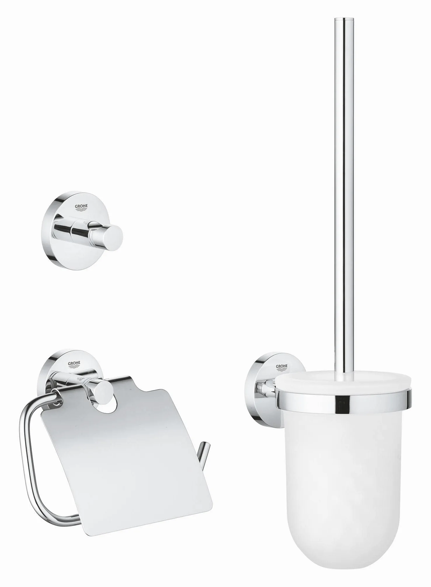 Grohe Start QuickFix - Set de accesorios 3-en-1, cromo, Portarollos con tapa, colgador individual y set escobillero, para pegar (pegamento QuickGlue A1) o atornillar, ref. 41204000