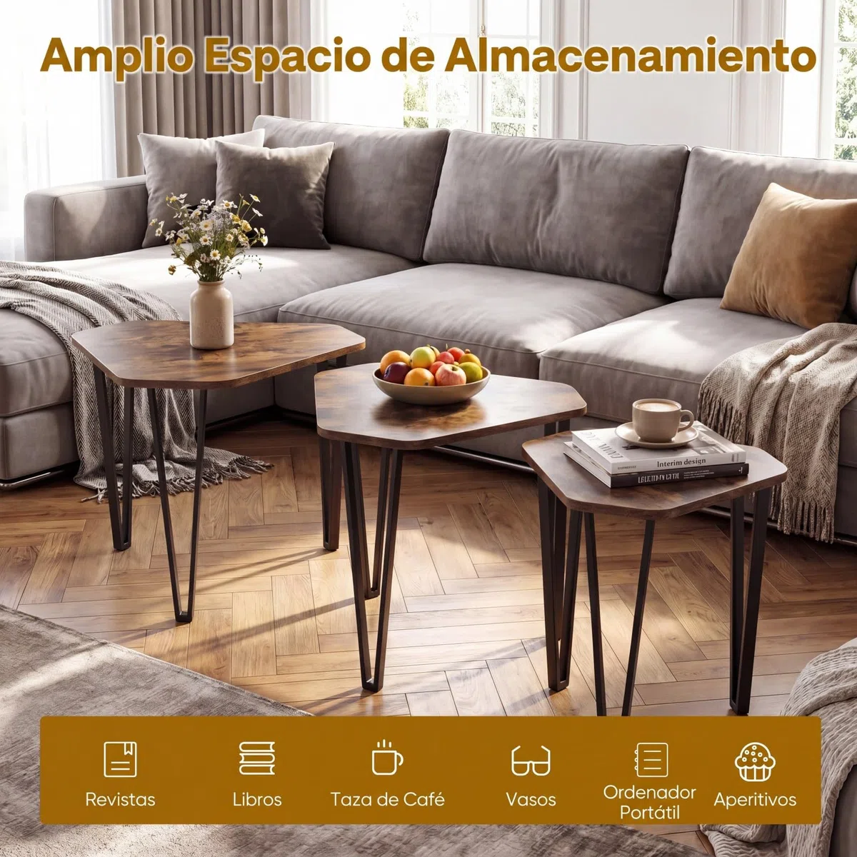 COSTWAY Juego de 3 Mesas de Centro Nido, Mesas Auxiliares Apilables con 3 Tamaños, Estructura de Metal, Muebles Industriales para Salón Dormitorio Oficina