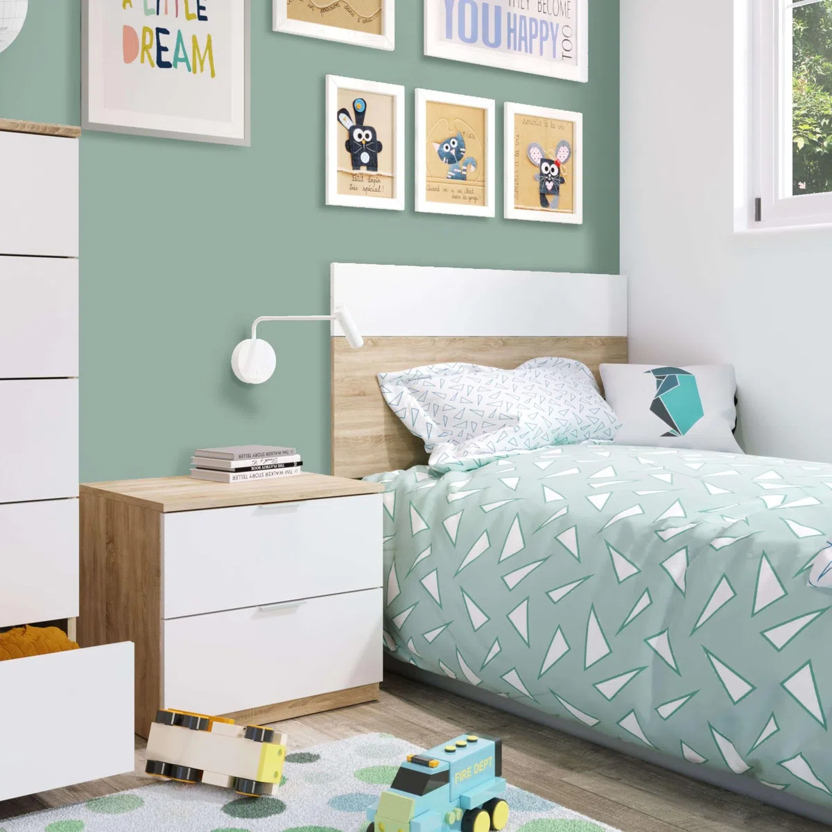 Miroytengo Conjunto Dormitorio Cabecero de Cama de 90 con Mesita Luca Color Blanco Mate y Roble Canadian