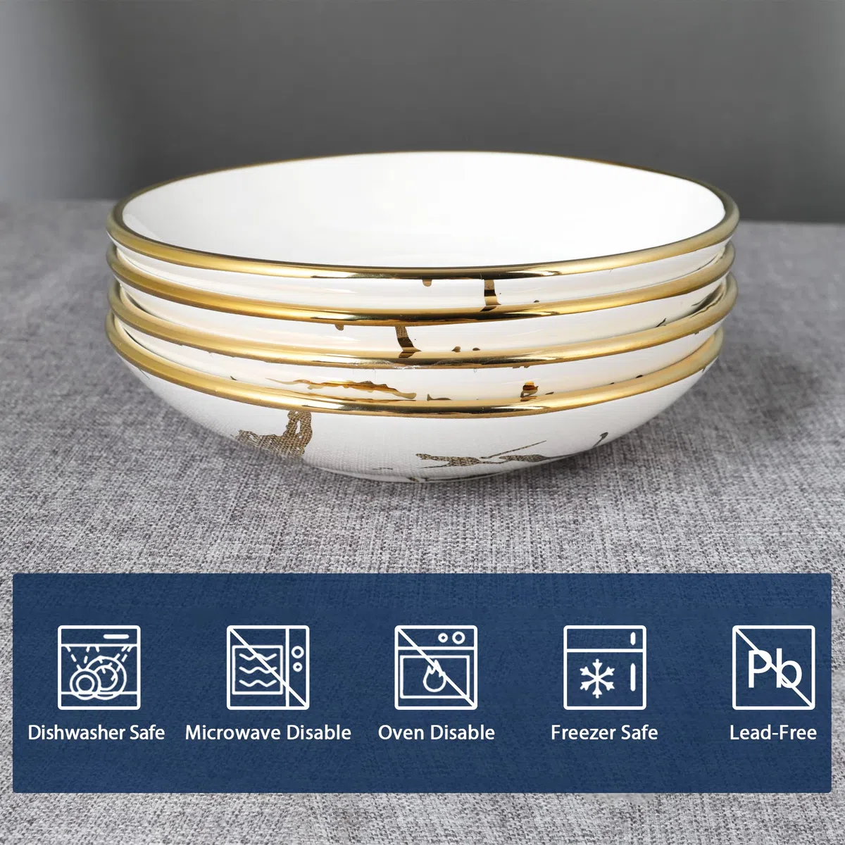 fanquare Juego de 4 Cuencos de Pasta de Porcelana de Mármol, Cuenco de Ensalada de 500 ml con Ribete Dorado, Apto para Lavavajillas y Microondas