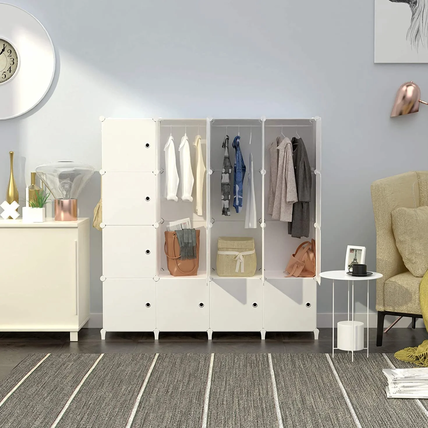 HOMIDEC Armario Modular, Guardarropa portátil de 16 Compartimentos para Dormitorio, Armario con Barra para Colgar Ropa, Compartimentos más Profundos Aptos para Perchas