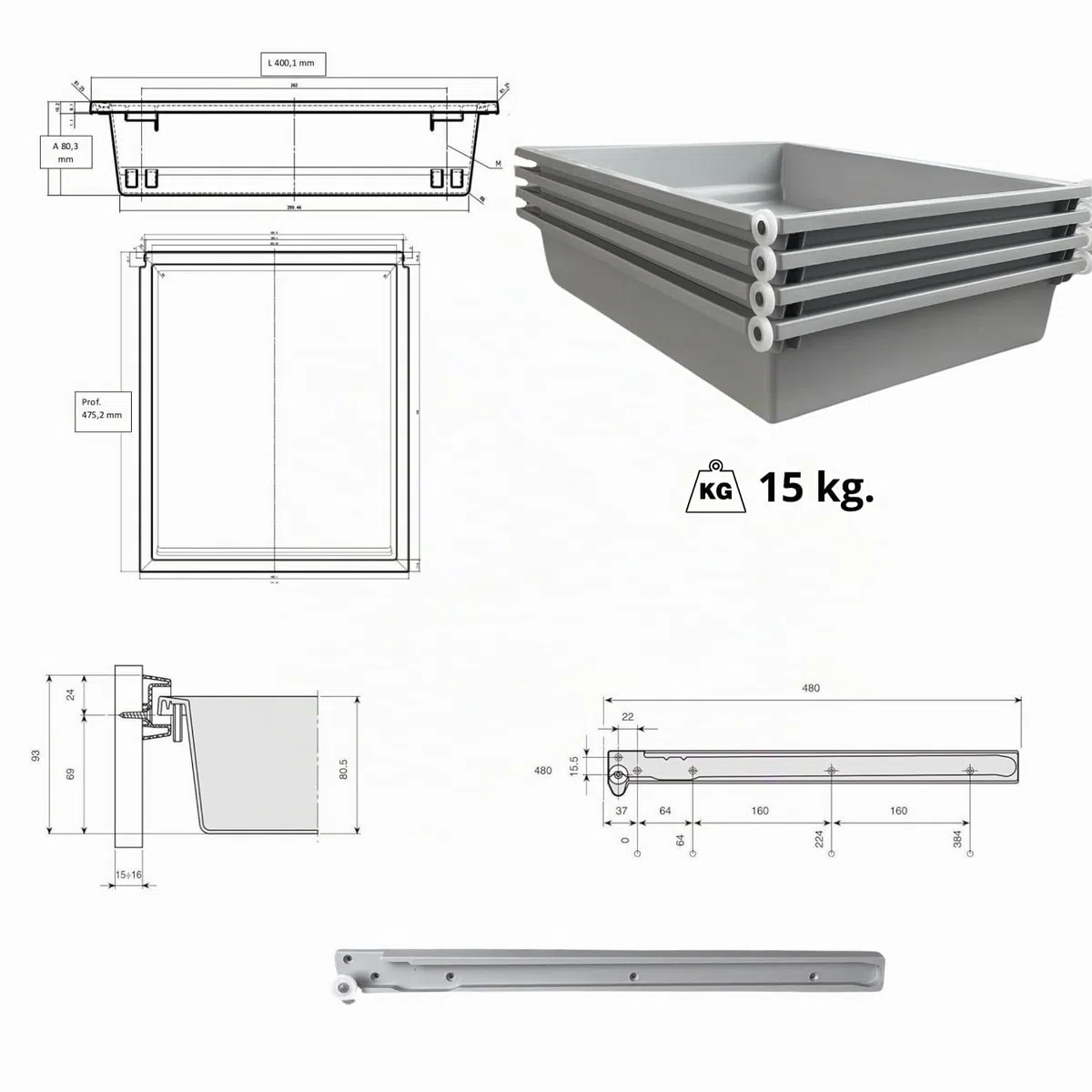 INDAUX Paquete de 4 cajones ABS lavables 100% multiusos (L. 400 mm x P. 480 mm)