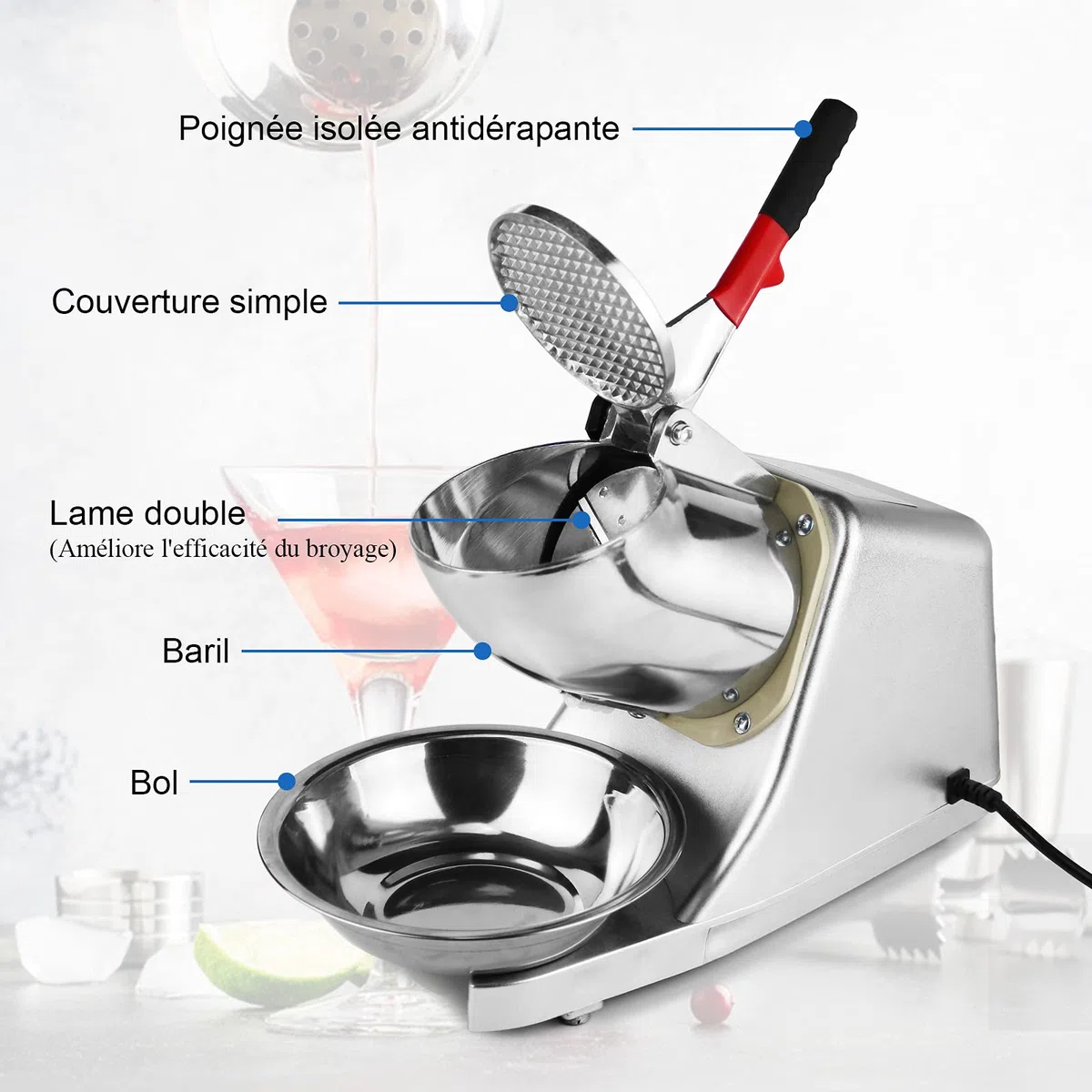 Broyeur à Glace Electrique,Machine à Glace pilée 300 W, 220 V-240 V,Snow Cone Maker Machin Volume de Glace concassée 65 kg/h,Convient à de commerce et de ménage(plata)