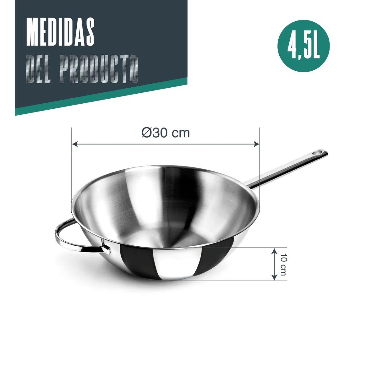 Lacor - 79830 - Wok Belly, Acero Inoxidable 18/10, Ø 30cm, 4,50 litros, Apto para inducción, Fondo Sándwich, Apto para horno, Apto para lavavajillas