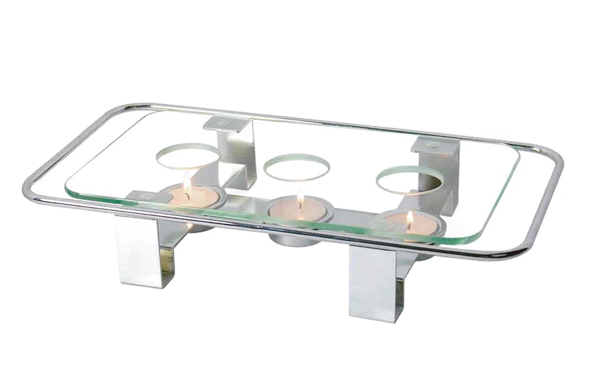 NewlineNY - Calentador de Platos de Cristal Cromado, Rectangular, 3 Agujeros, Vela votiva, Calentador de Alimentos Gourmet