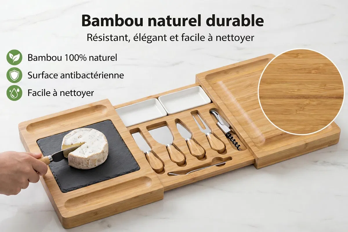 Kkalyan - Tabla de Aperitivos Extensible de Bambú | Set Quesos con Pizarra, 4 Cuchillos, Sacacorchos, 2 Cuencos y ebook Gratis | 41,5 cm → 68 cm | Regalo Gourmet
