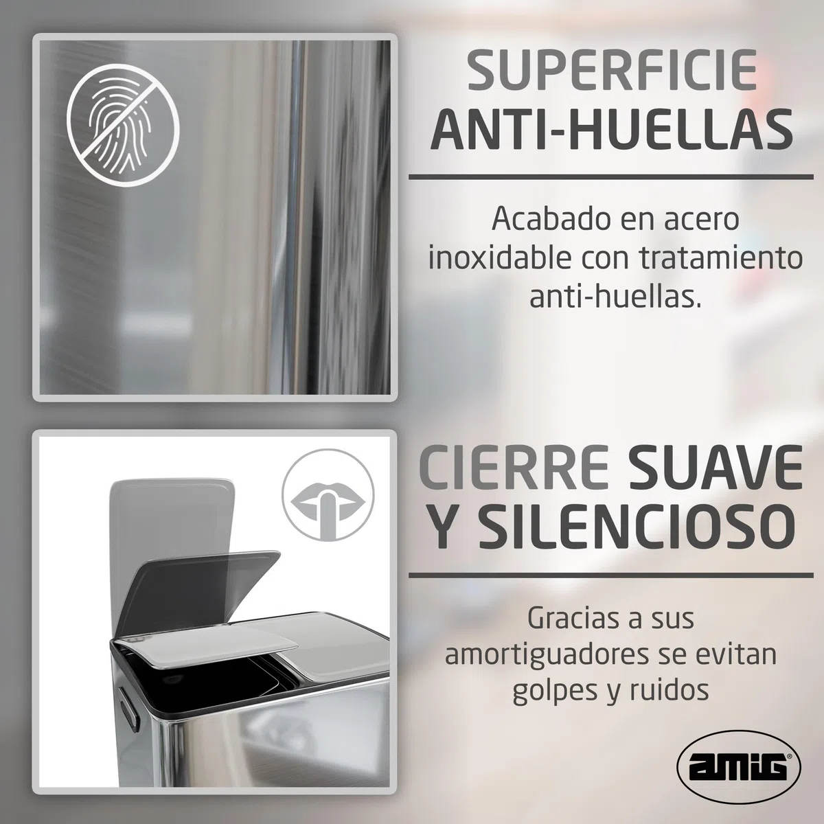Amig - Cubo de Reciclaje Doble con Pedales Mod. RECIK EVO 40 L - 2 Compartimentos x 20 L - Acero inoxidable - 45 x 30 x 52 cm - Plateado