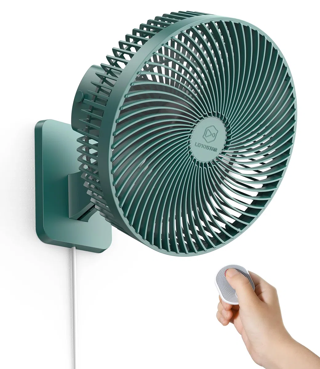 LEMOISTAR Ventilador de pared de 25 cm con mando a distancia, oscilación de 90°, 4 velocidades, 4 temporizadores, inclinación ajustable, cable de 178 cm, silencioso, para dormitorio, garaje