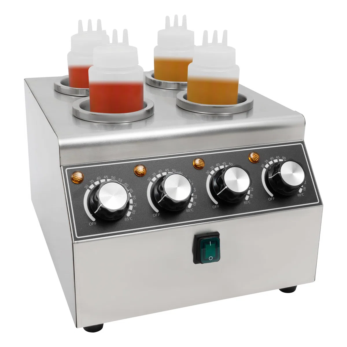 Calentador de salsas eléctrico, 800 W, con 4 botellas de PVC, máquina de calentamiento de salsas de acero inoxidable, 30-85 ℃, para mantener diferentes salsas calientes