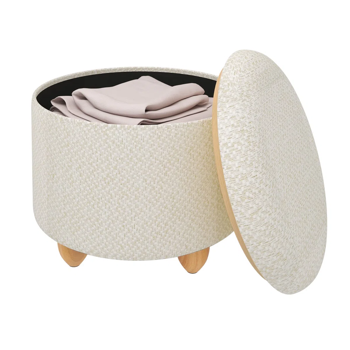 WOLTU Taburete Redondo de Almacenamiento, Puff Baúl Almacenaje con Tapa Bandeja Extraíble, Reposapiés Sofá Multiusos, Asiento de Lino Grueso, Ø 39x33 cm, Blanco Crema