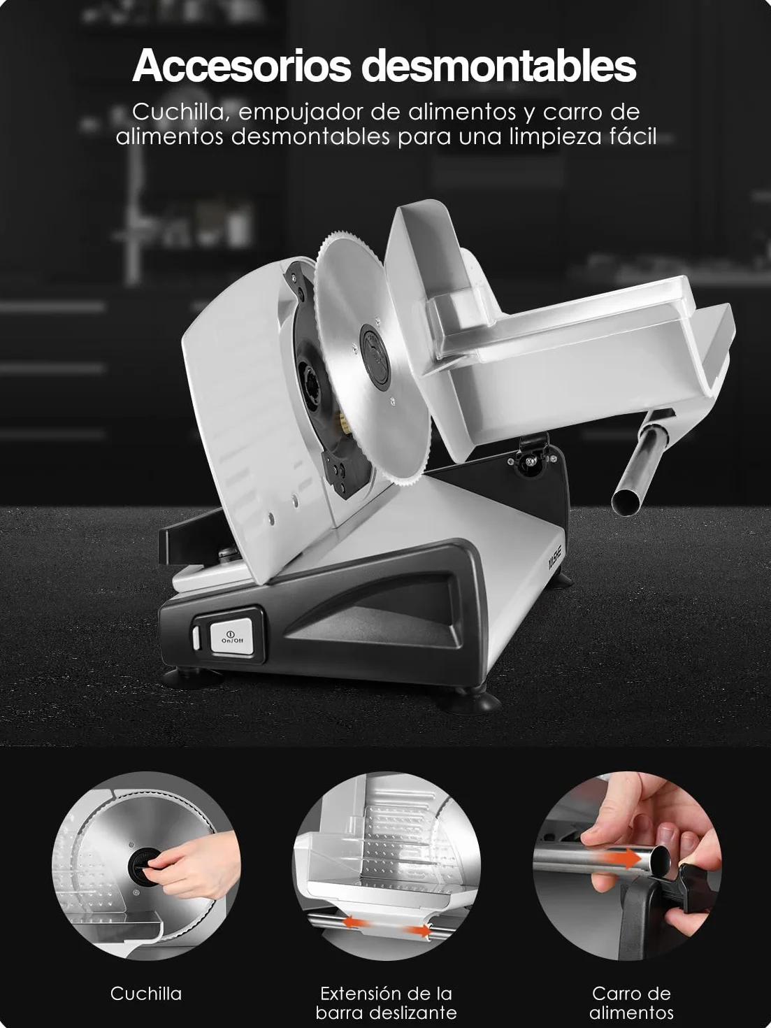 YASHE Cortadora De Fiambre, 150W Cortafiambres Para Carne Y Pan Con Cuchilla De Acero Inoxidable Removible 19cm, Grosor Ajustable 0–15mm, Bloqueo De Seguridad, Patas Ventosa Para Carne, Queso Y Pan