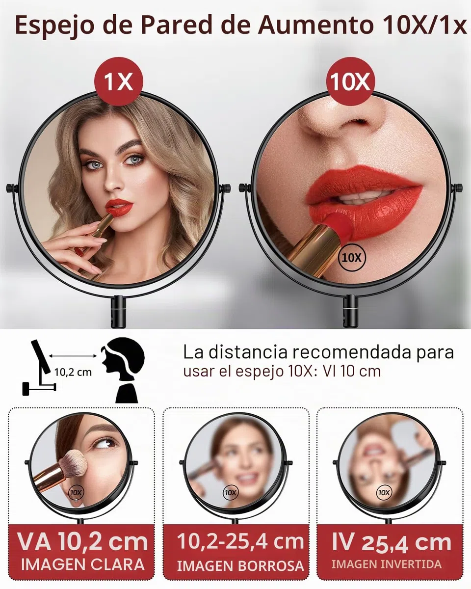 Gospire Espejo de Maquillaje de 9 Pulgadas, Aumento 1X/10X, Espejo Giratorio de Doble Cara, Espejo de Pared de baño Pulido Negro para Mujeres y Hombres
