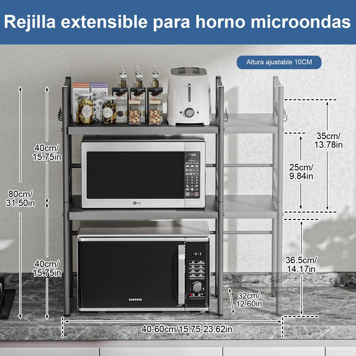 Soporte para Microondas y Horno Cocina 3 Niveles, Estanteria para Microondas Encimera con 8 Ganchos, Mueble Extensible Microondas Cocina