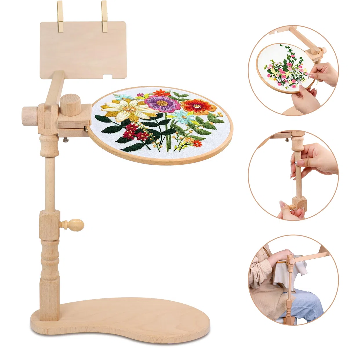 Soporte de bastidor de bordado, soporte giratorio de madera, marco de punto de cruz, marco de madera para manualidades, soporte de bastidor de bordado manos libres para manualidades