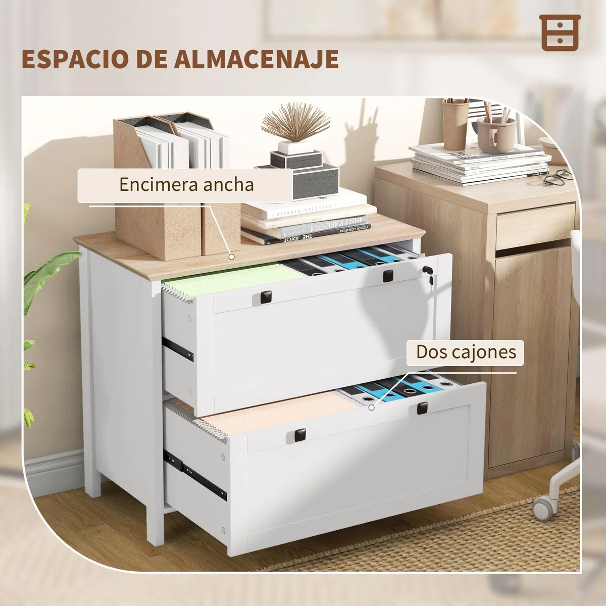 HOMCOM Cajonera de Oficina Mueble Archivador con 2 Cajones 2 Barras para Colgar 2 Llaves y Cerradura para Papel Tamaño A4 para Estudio Sala de Estar 79x40x72 cm Roble y Blanco