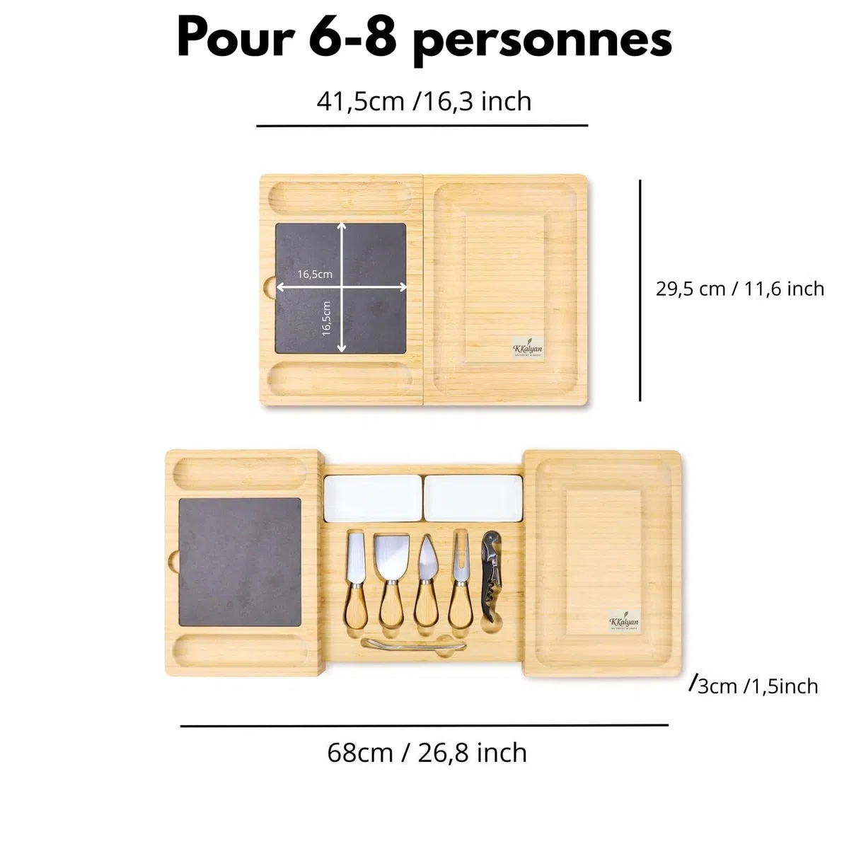 Kkalyan - Tabla de Aperitivos Extensible de Bambú | Set Quesos con Pizarra, 4 Cuchillos, Sacacorchos, 2 Cuencos y ebook Gratis | 41,5 cm → 68 cm | Regalo Gourmet