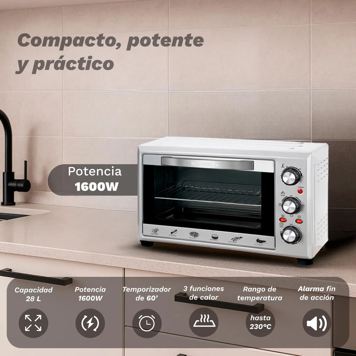 Grunkel Horno eléctrico multifunción de sobremesa de 28L con 3 funciones de calor y selector de temperatura hasta 230ºC. Temporizador hasta 60 min - 1600W