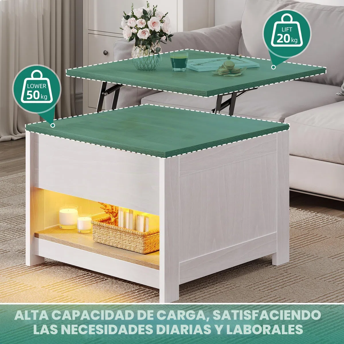 YITAHOME Mesa Centro Elevable con Estante, Mesita de Salón Cuadrada Mesa Café Moderna para sofá, Dormitorio, 60 x 60 x 45 cm