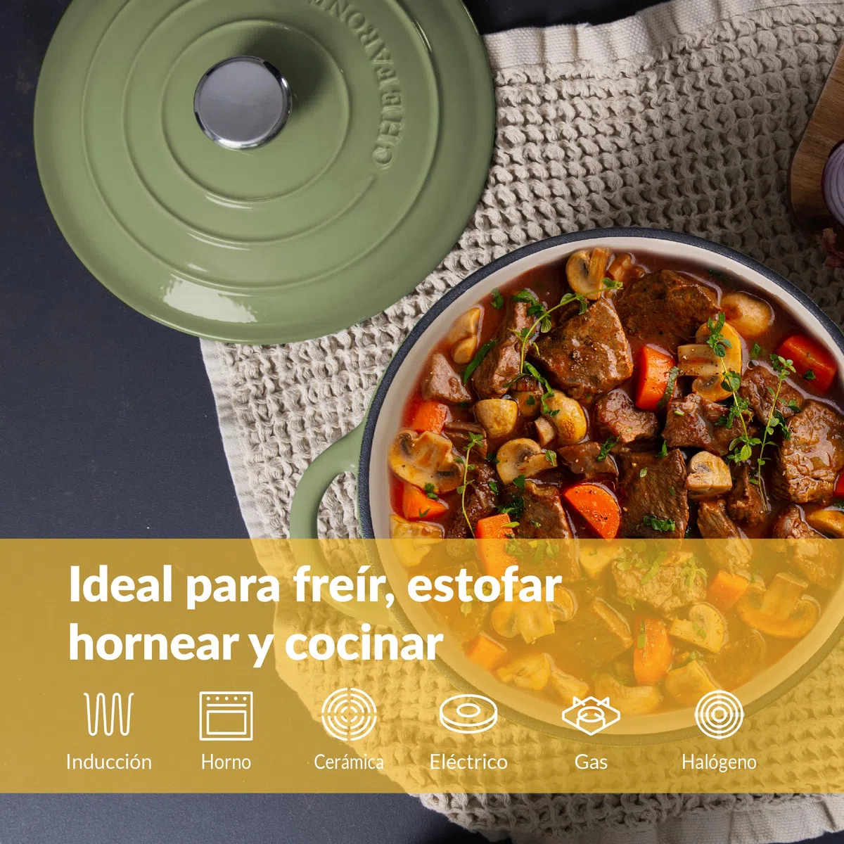 Chefarone Cacerola Hierro Fundido 24 cm 3,5L Esmaltada con Tapa Inducción Horno – Cocotte Multiusos para Hornear Pan Guisar Freír Cocinar