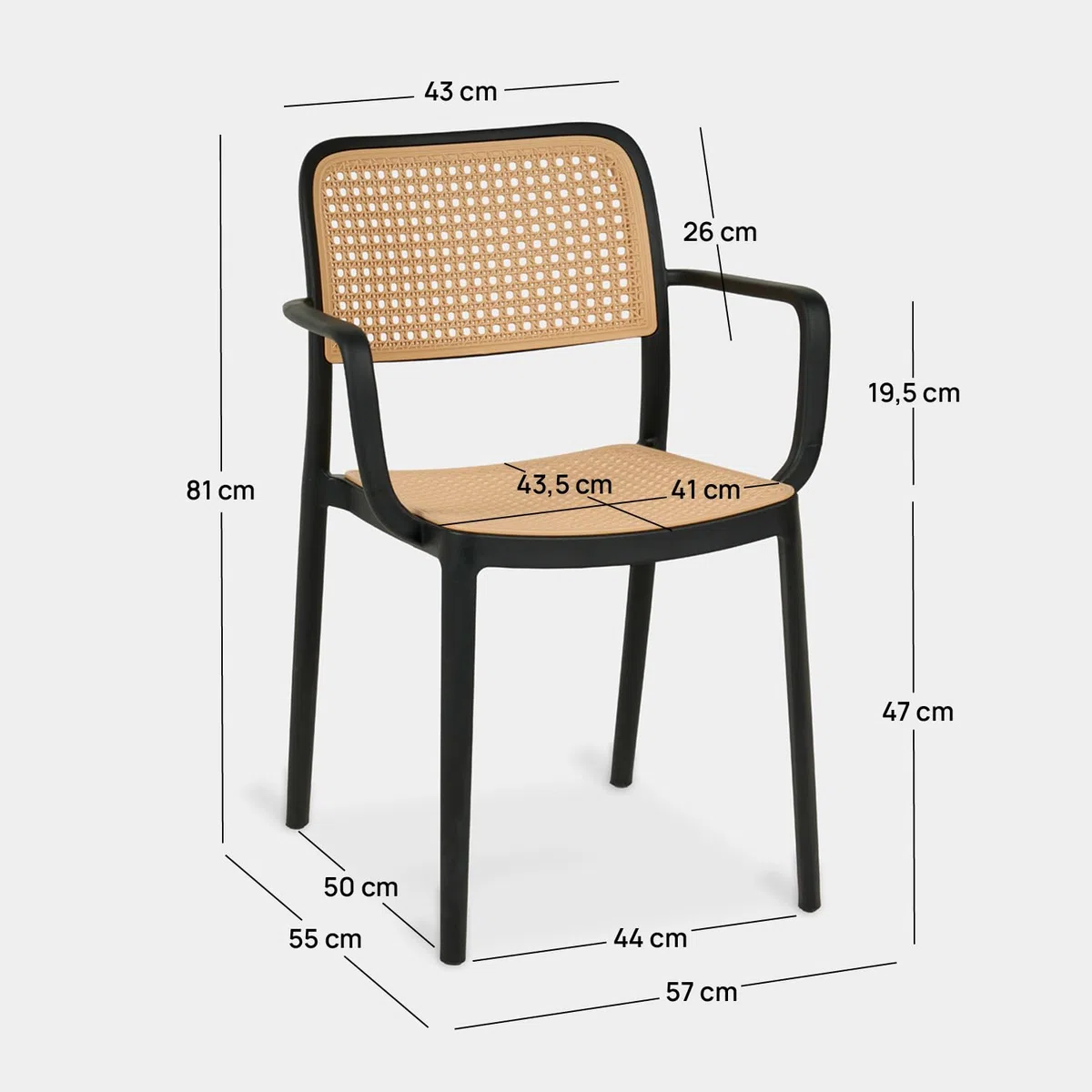 KLAST Silla Kaira con Reposabrazos de Polipropileno Negro, Diseño Vintage, Apilable y Ligera, Ideal para Salón, Cocina o Terraza, Dimensiones 57 cm x 81 cm