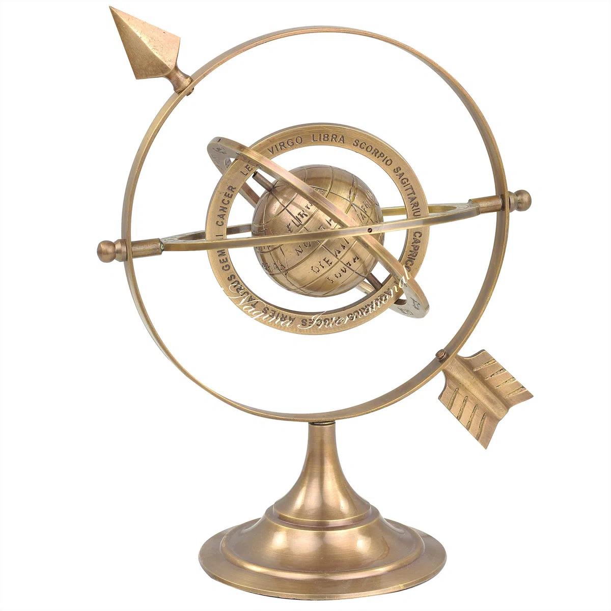 Esfera armilar de latón antiguo de 8 pulgadas con flecha de reloj de sol | Astrolabio marítimo náutico grabado | Ideas de decoración del hogar