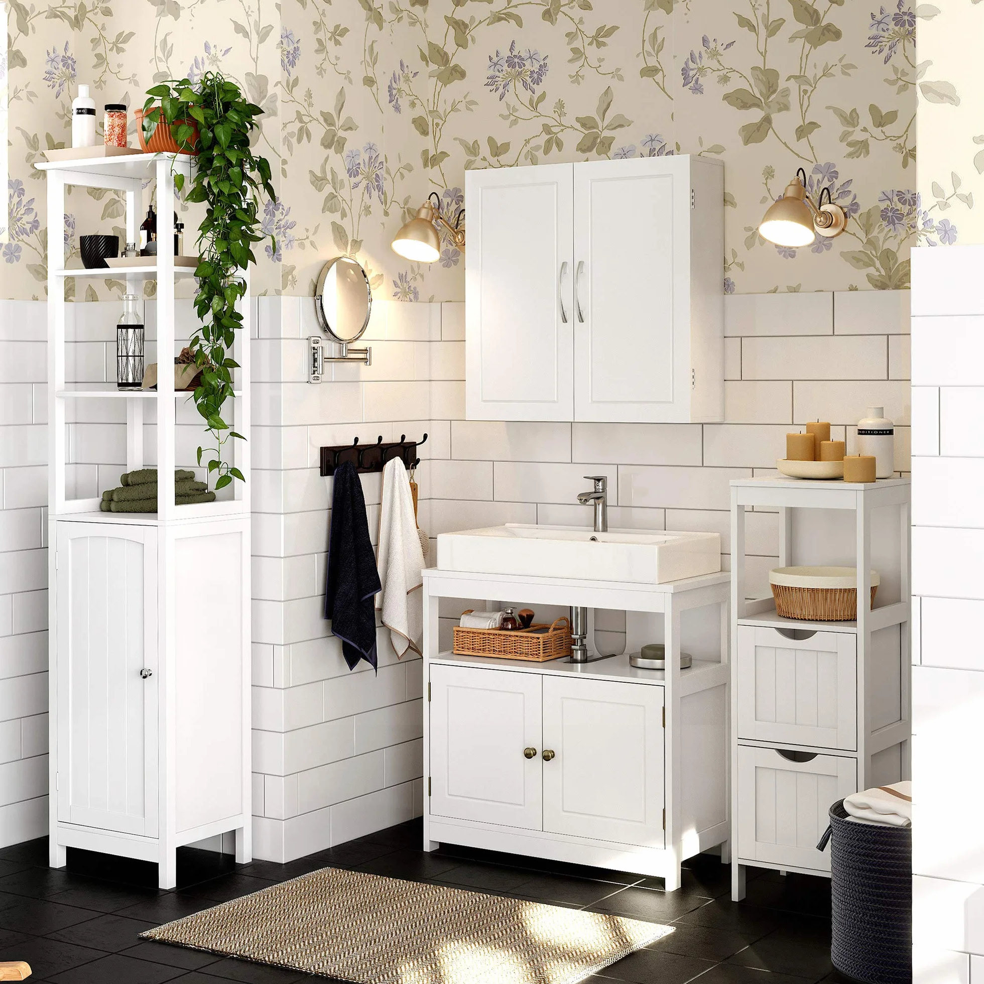 VASAGLE Armario de Pared para Cuarto de baño, Armario de Pared para Cuarto de baño, 18 x 60 x 60 cm, Armario de Farmacia con estantes Ajustables, Blanco Nube BBC320W01