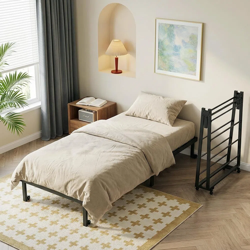 Cama Plegable para 1 Persona de Metal, Marco de Cama Individual, 90 x 190 cm, Marco de Cama Plegable con 4 Ruedas, Negro