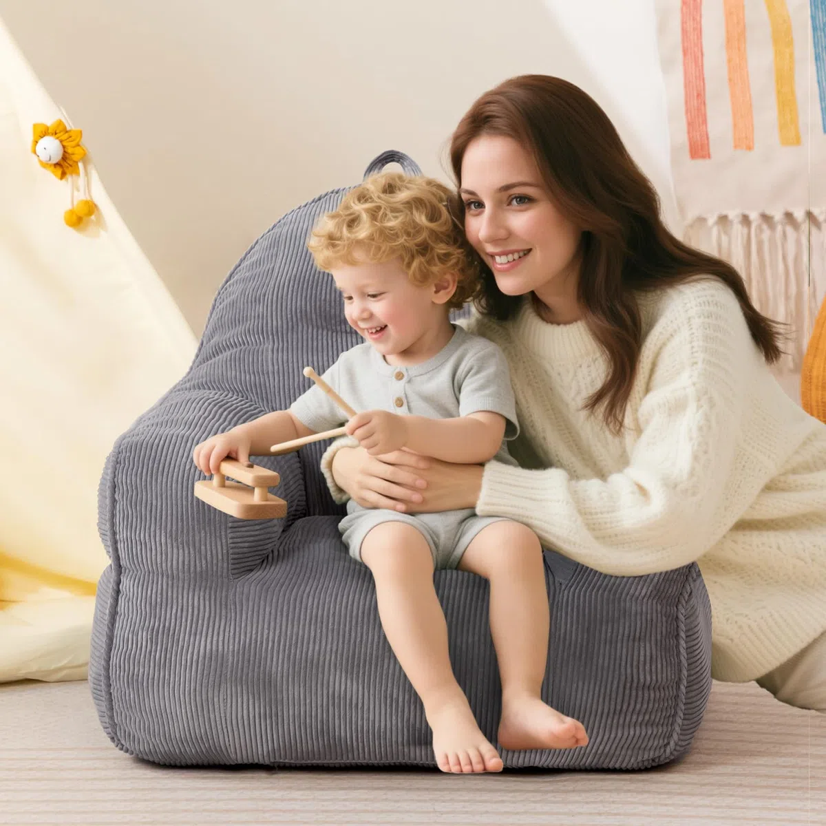 BEJOY Puf para niños, cómodo puf para niños con relleno incluido, silla para niños, gris