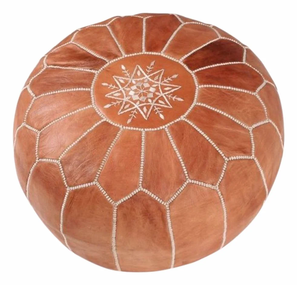 moroccan poufs Puf redondo marrón – Funda para reposapiés de piel auténtica, hecha a mano, 53,3 x 53,3 x 35,5 cm, marrón claro