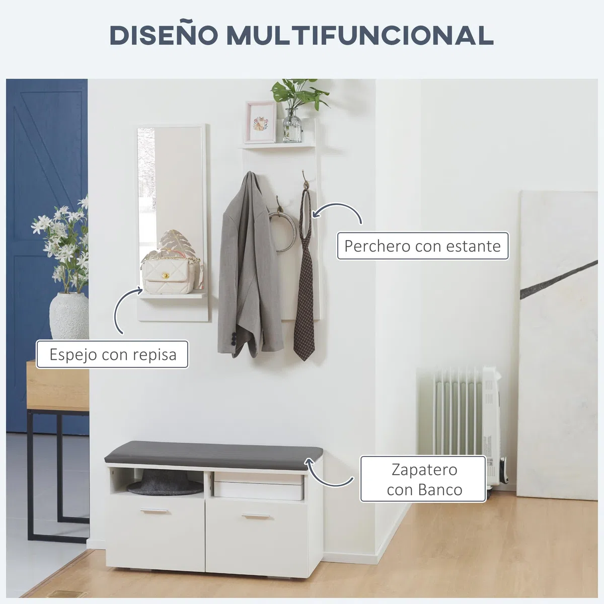 HOMCOM Conjunto de Recibidor con Espejo Perchero y Zapatero Recibidores de Entrada con 3 Ganchos 2 Puertas y Estantes para 8 Pares de Zapatos Blanco