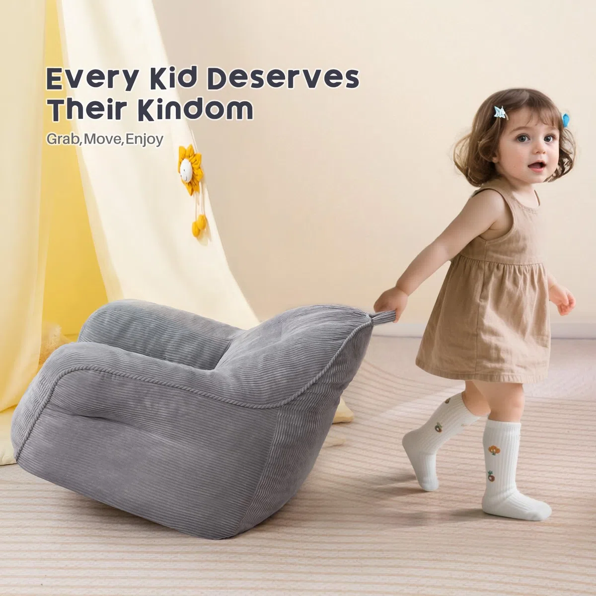 BEJOY Puf para niños, cómodo puf para niños con relleno incluido, silla para niños, gris