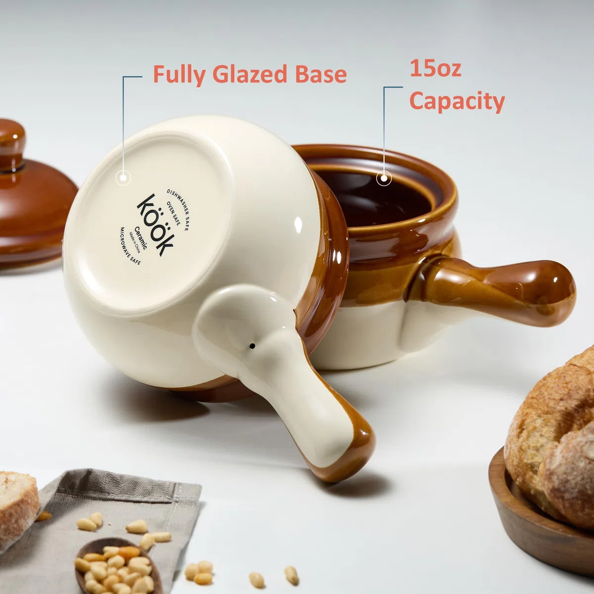 KooK Vajillas para sopa de cebolla francesa con tapas, cuencos de cerámica, asas grandes, aptos para lavavajillas, microondas, horno y asador, marrón/blanco, juego de 4, 15 onzas, colección Puebla