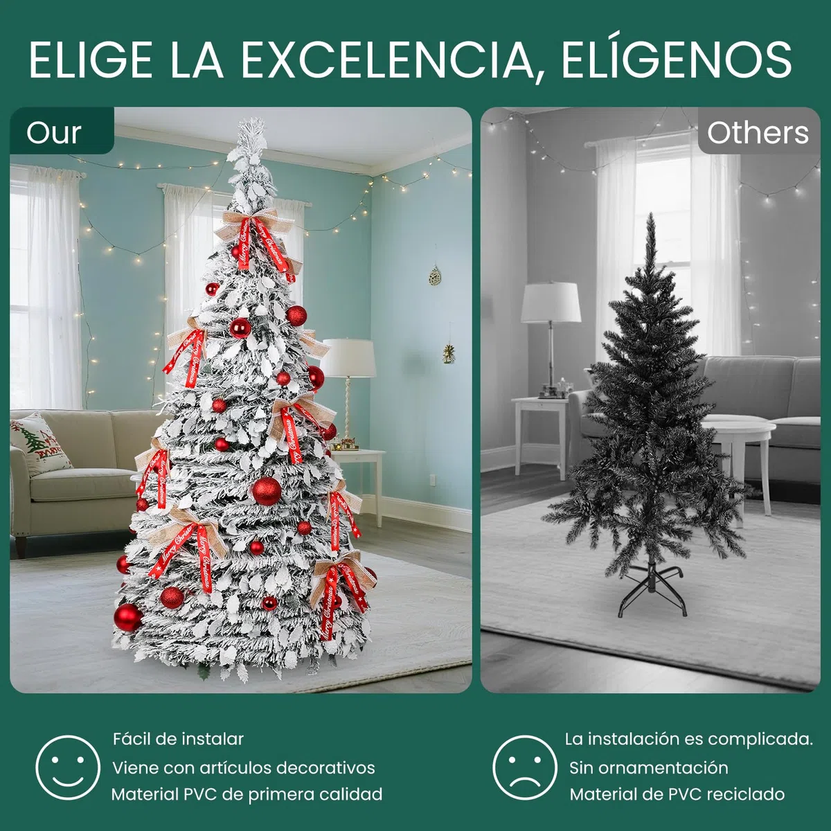 210cm Árbol de Navidad Plegable, árbol de Navidad Artificial en Blanco nevado con Adornos navideños y Lazos, Montaje fácil, decoración para Fiestas navideñas