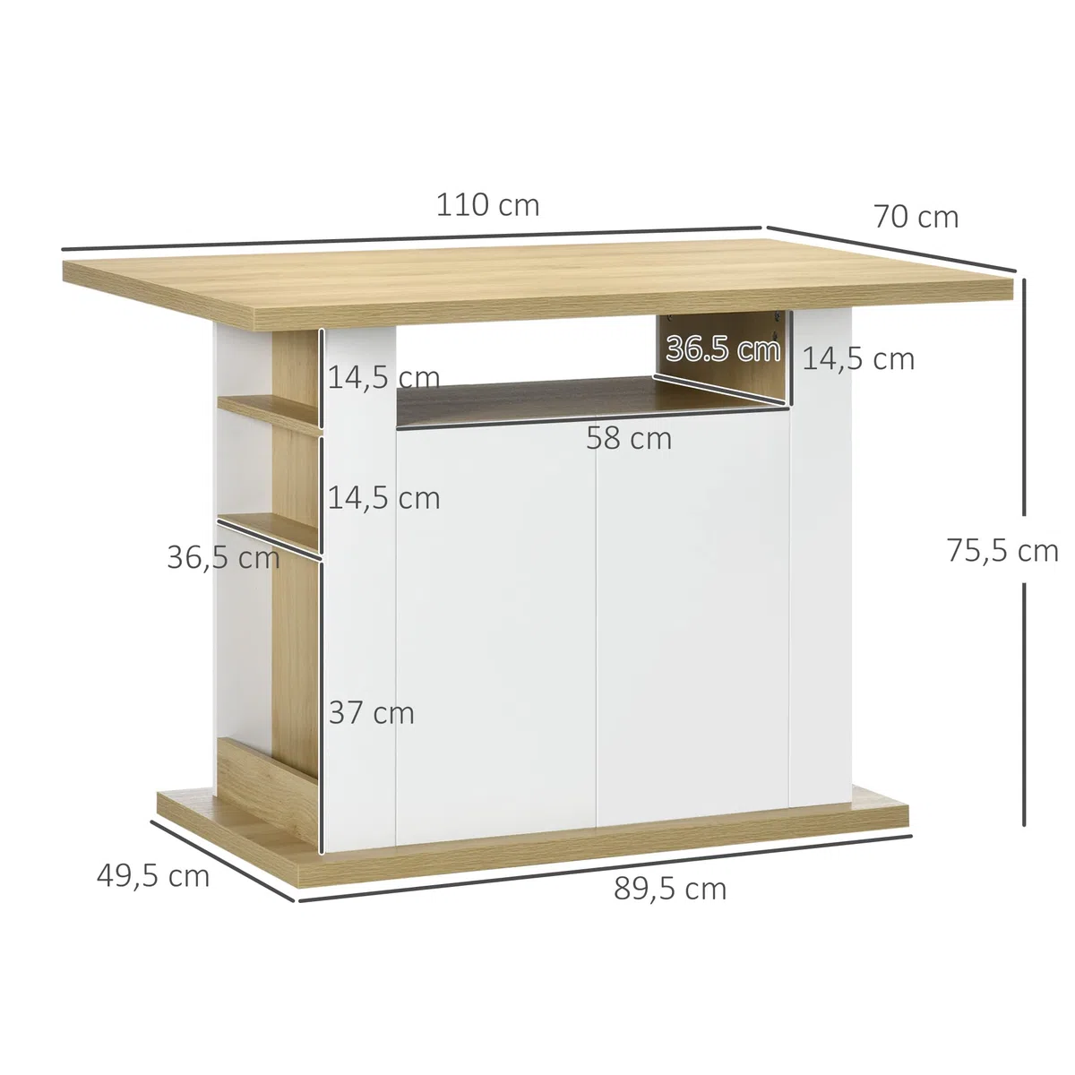 HOMCOM Isla de Cocina, para 4 Personas, Mueble de Cocina Multifuncional, Mesa de Comedor con 4 Puertas, Compartimentos Abiertos, Estante Ajustable, 110x70x75,5 cm, Roble y Blanco