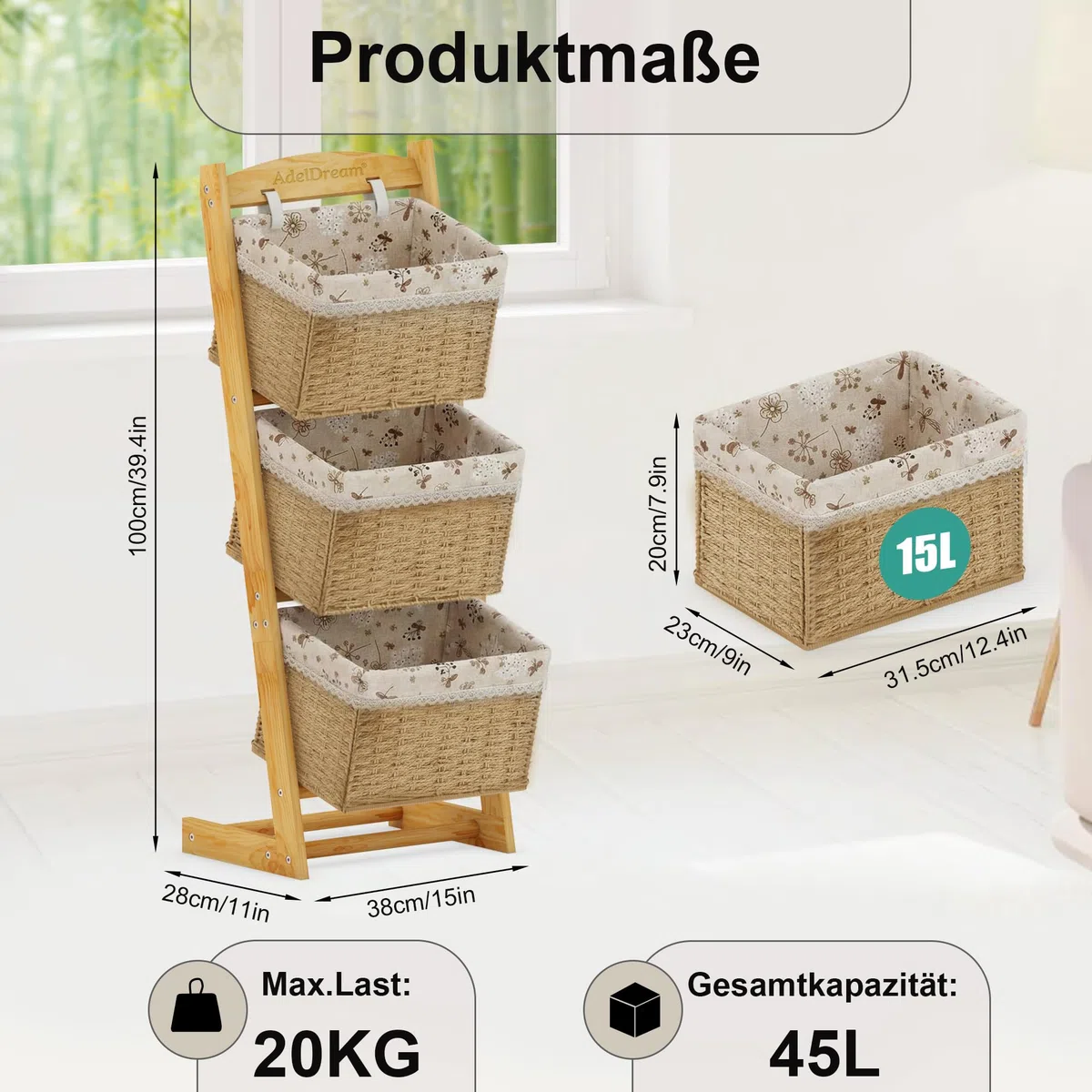AdelDream Cesta de almacenamiento de madera maciza cesta de ratán estante de almacenamiento para el suelo sala de estar estante multifuncional estilo 2
