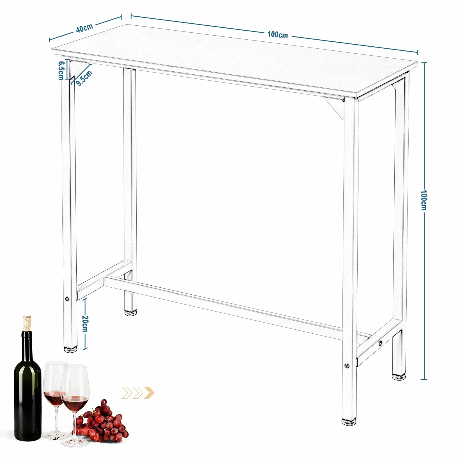 EUGAD Mesa Alta Cocina, Mesa de Bar Estrecha, para Isla de Cocina, Comedor, Barra Bar y Cafeteria, Marco Metalico, Encimera Madera, Pies Ajustable, Estilo Industrial, Blanco, 100x40x100 cm
