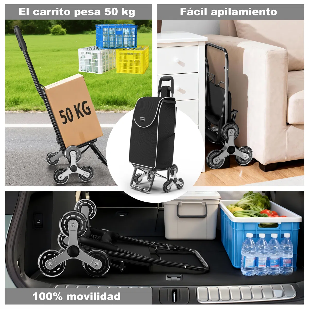 Carrito de Compras para comestibles,Carrito de comestibles Plegable Ligero con Capacidad de 56L,con 6 Ruedas para Subir Escaleras,Bolsa Oxford Desmontable (Negro, 2 Pieza)