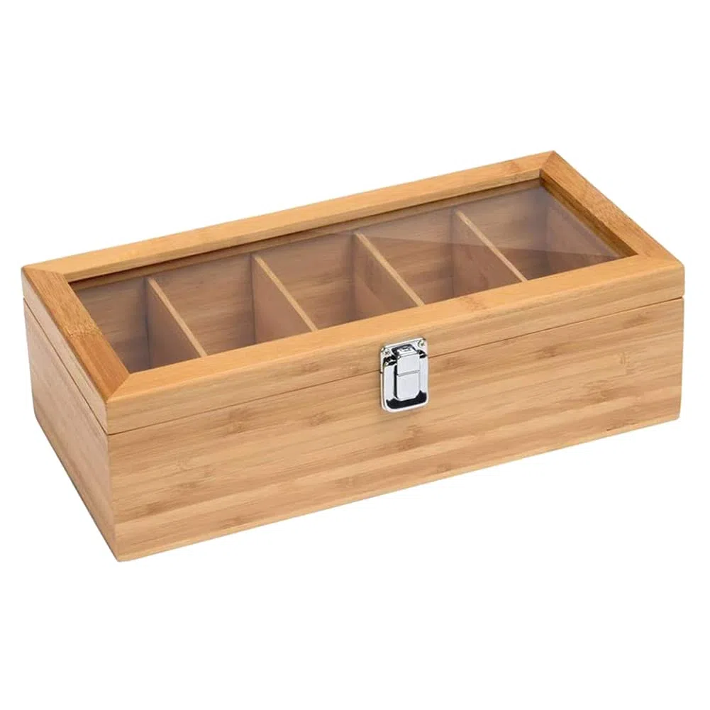 de Bambú Multifuncional Bolsa de Té Organizador de Joyas Caja de Almacenamiento 5 Compartimentos Caja de Té Organizador Contenedor de AzúCar