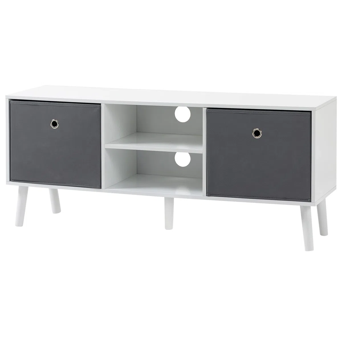 HOMCOM Mueble de TV, Mesa de TV con 2 Cajones de Tela, 2 Estantes Abiertos, Orificios para Cables, para Televisores hasta 50 Pulgadas, Largo de 110 cm, para Salón, Dormitorio, Blanco y Gris
