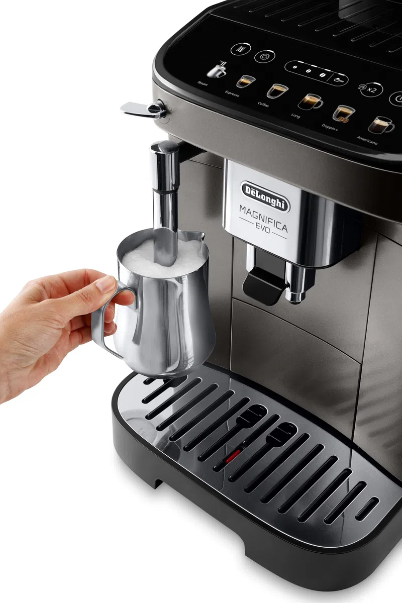 De'Longhi Magnifica Evo ECAM290.42.TB, Máquina de Café Automática con Varilla de Leche, Tamaño Compacto, Máquina de Grano, Espumado Manual de Leche, 4 Recetas, Pantalla Táctil a Color, Negro Titanio
