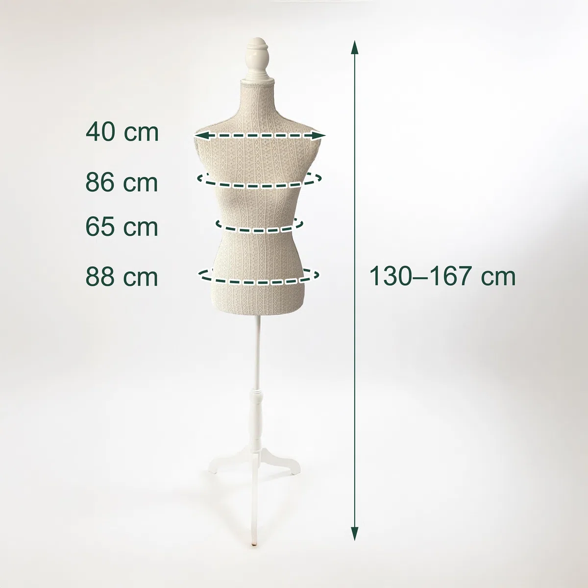 Relaxdays Maniquí de Costura Femenino Ajustable 130–167 cm con Encaje, Base de Madera, Beige/Blanco, 167x41x34 cm