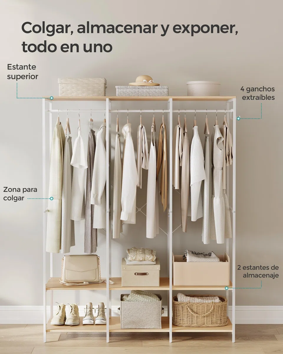 SONGMICS Armario de Ropa Portátil, Armario Plegable, Perchero, Organizador Armario, con Barras de Colgar, Estantes de Almacenamiento, Ganchos Extraíbles, 40 x 141 x 180 cm, Beige Natural RGR005W67