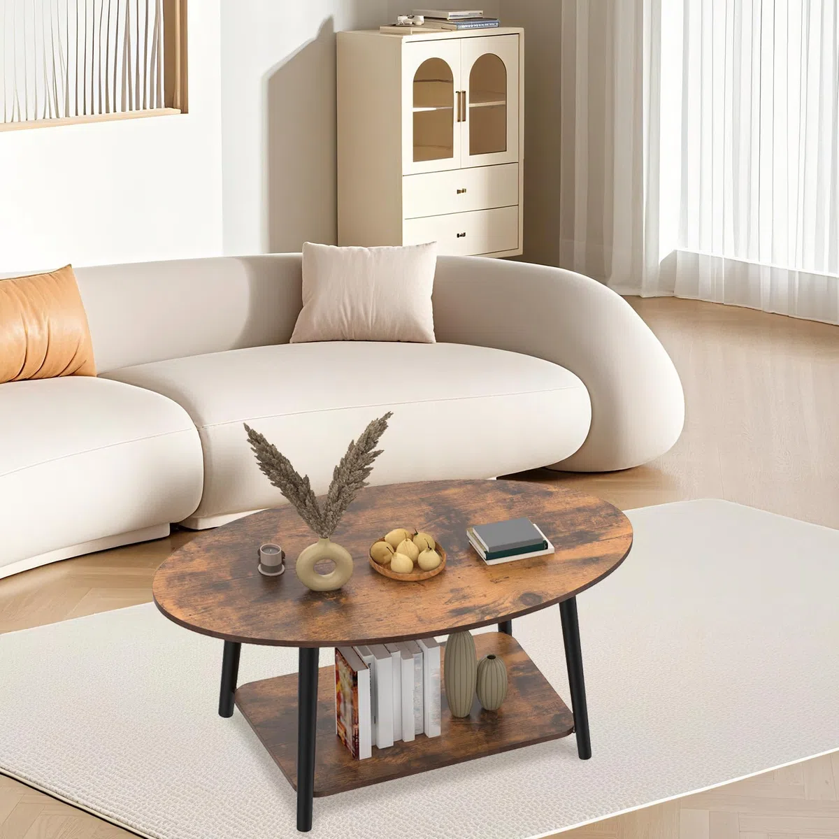 HUOLE Mesa de té de madera, mesa de centro ovalada con estante, muebles de salón, diseño aglomerado, madera de haya, 100 x 53 x 45 cm, madera quemada