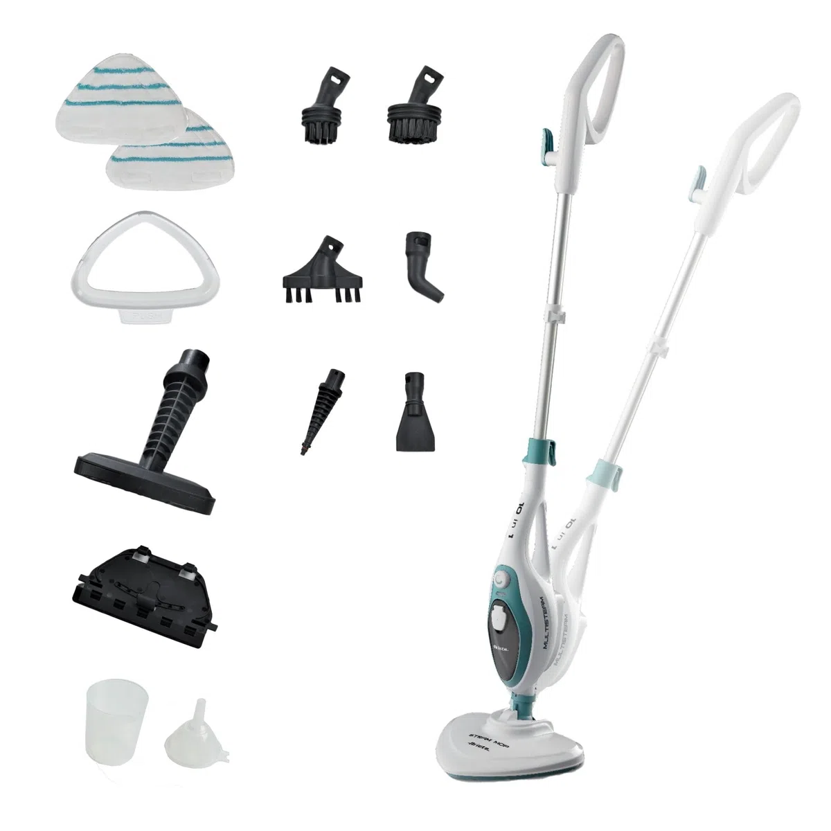 Ariete 4164, Steam mop 10 en 1, mopa a vapor, 1500 w, autonomía ilimitada, depósito 350 ml, altura regulable, mango extraíble, cabezal pivotante, color blanco azul