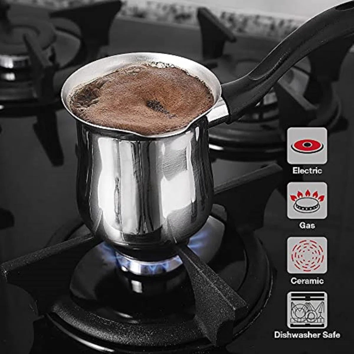 DESTALYA Cafetera Turca, 300 ml, Negra, Acero Inoxidable, Para Mantequilla, Chocolate, Leche, Agua, Cezve (Cafetera Negra)
