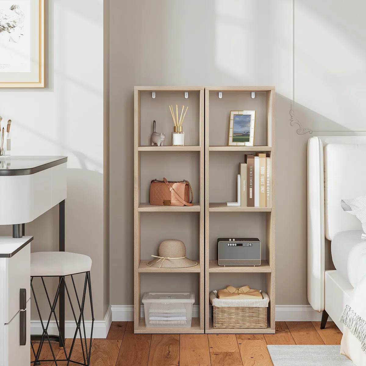 WOLTU Librería con 4 Niveles, Estantería de Cubos para Libros y Adornos, Estantería de Almacenamiento, Estantería Abierta Moderna para Salón, Estudio y Oficina, 30x23,5x106,5 cm, Roble Claro